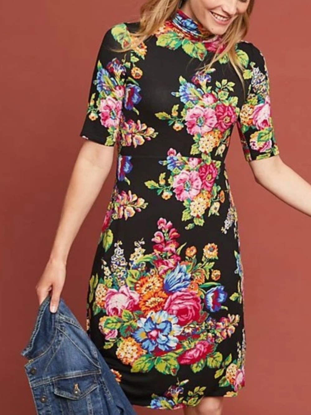 Anthropologie NWT Black Floral Turtleneck Midi Dress Small